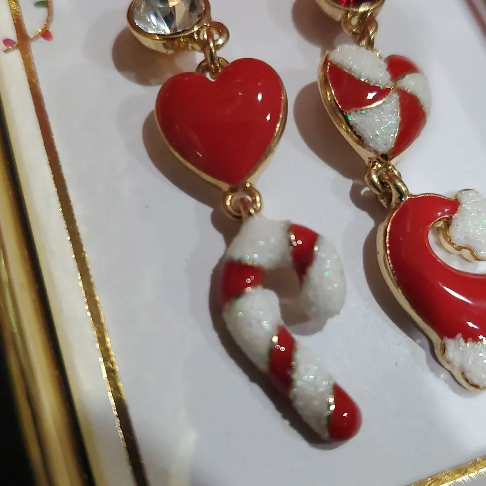 Red white Christmas holiday festive ruby cz topped‎ mismatched dangle earrings